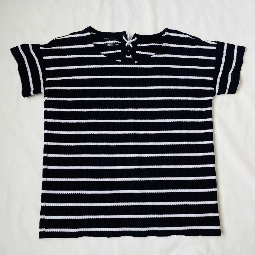 Talbots Top Women‎ Medium Navy Striped Short Sleeve Knit Lace Up Back Casual Tee